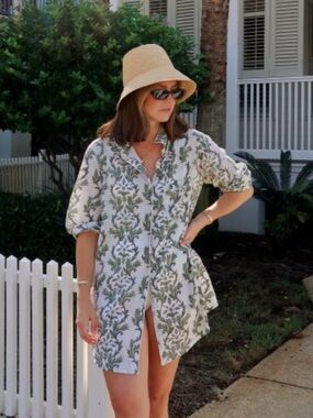 Julia Amory Husband Shirt Spruce Jardin pattern Green & White Floral Button-Down